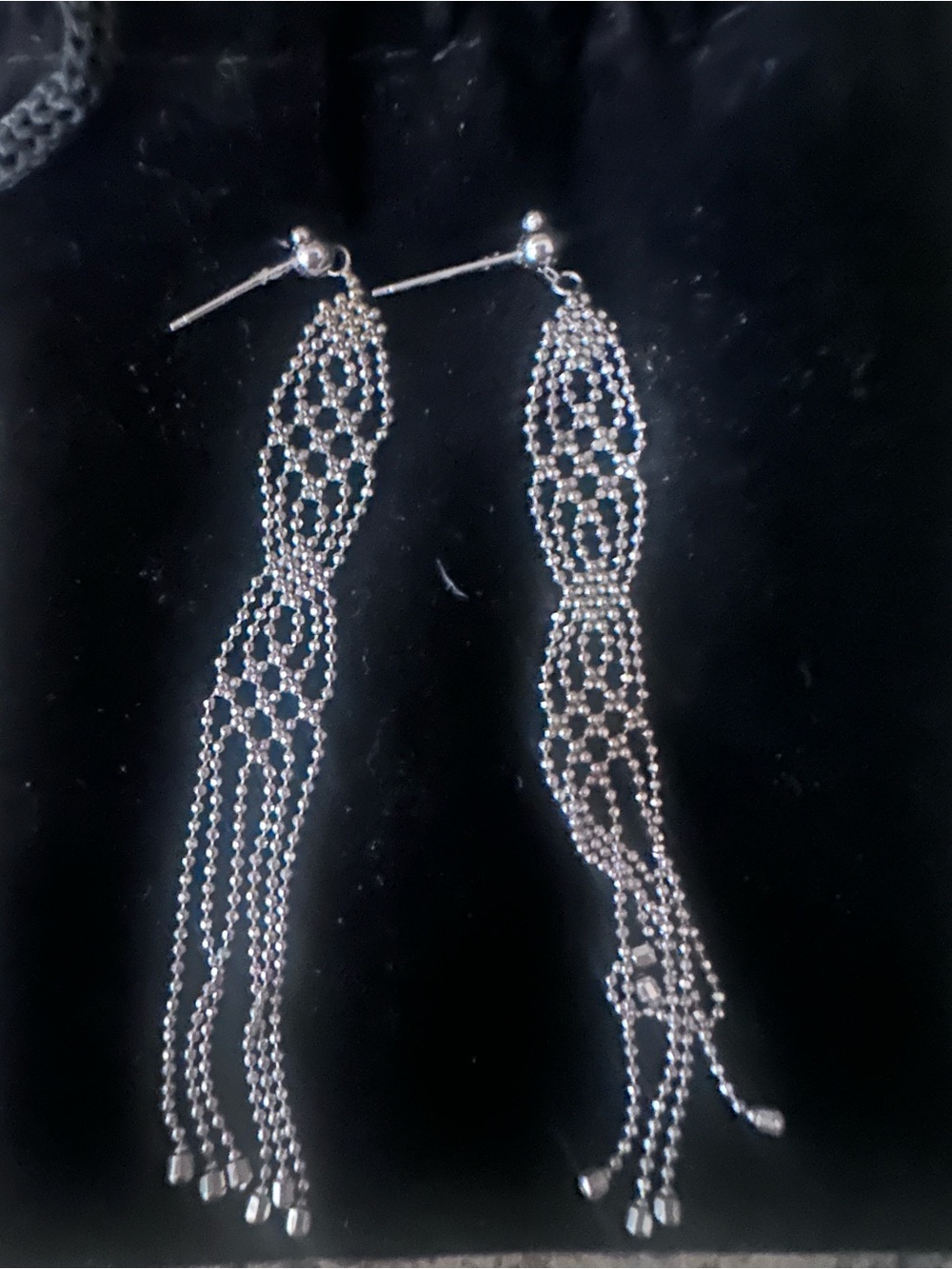 14K White Gold Dangle Tassel Earrings - Elegant Beaded Fringe